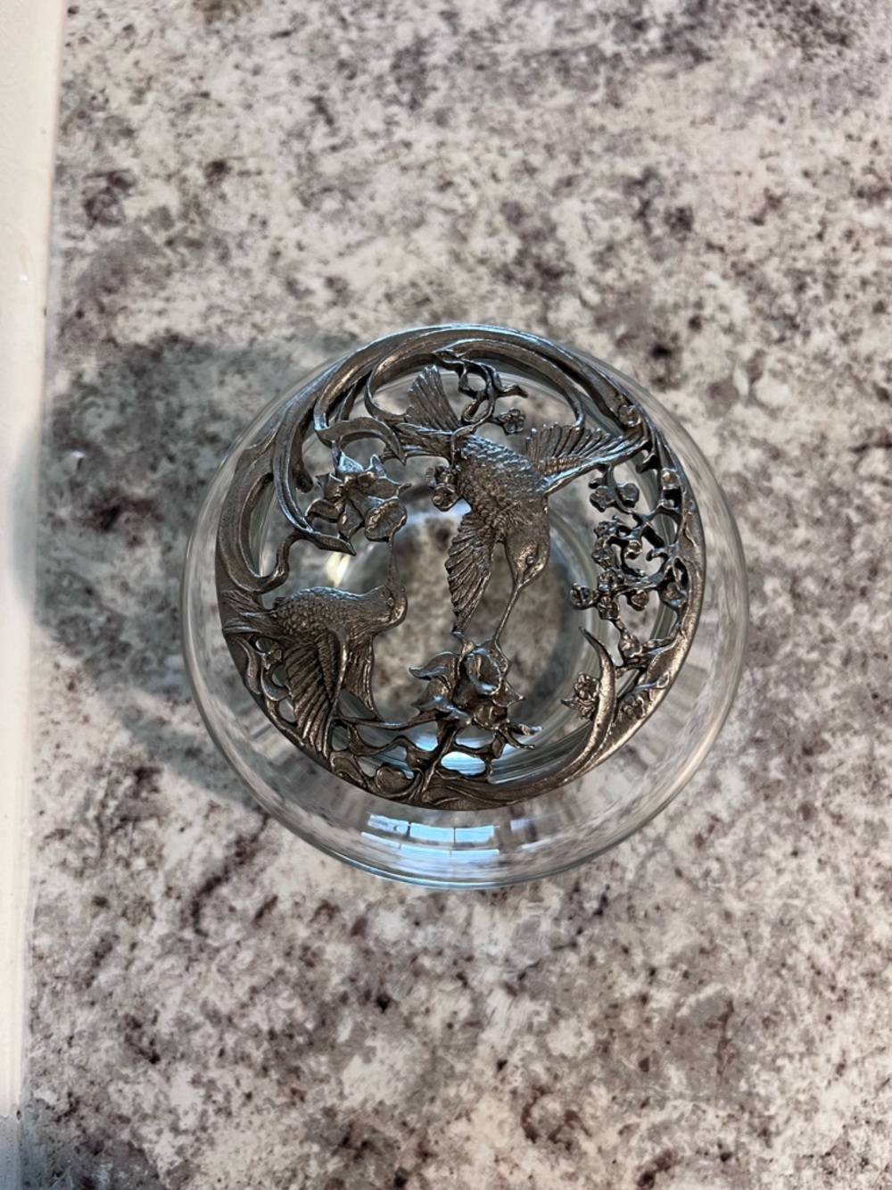 Rawcliffe Pewter Vintage Hummingbird Lidded Glass Dish/Vase Pewter Lid Dresser - Picture 2 of 10
